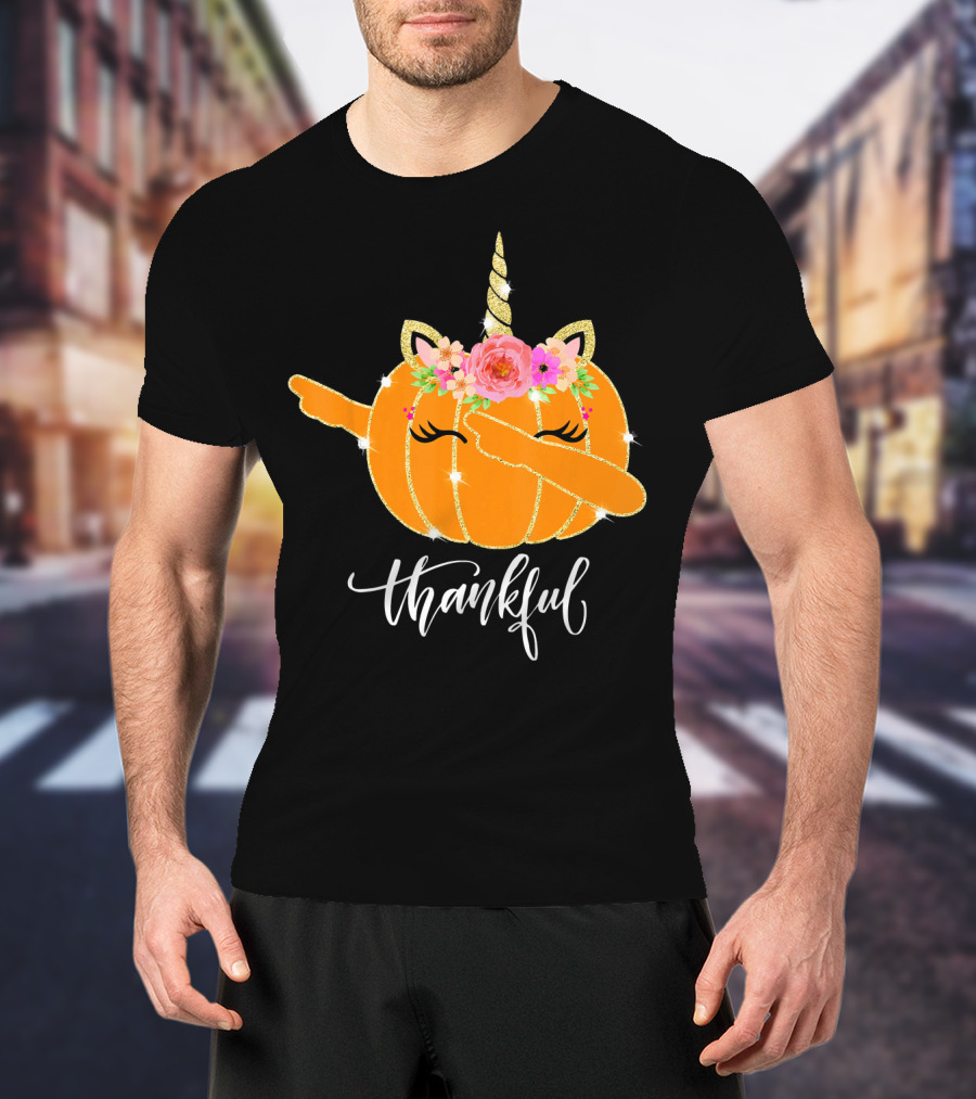 Thankful Dabbing Pumpkin Unicorn With Floral Crown T-Shirt