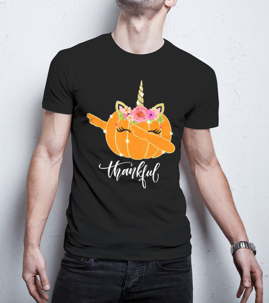 Thankful Dabbing Pumpkin Unicorn With Floral Crown T-Shirt
