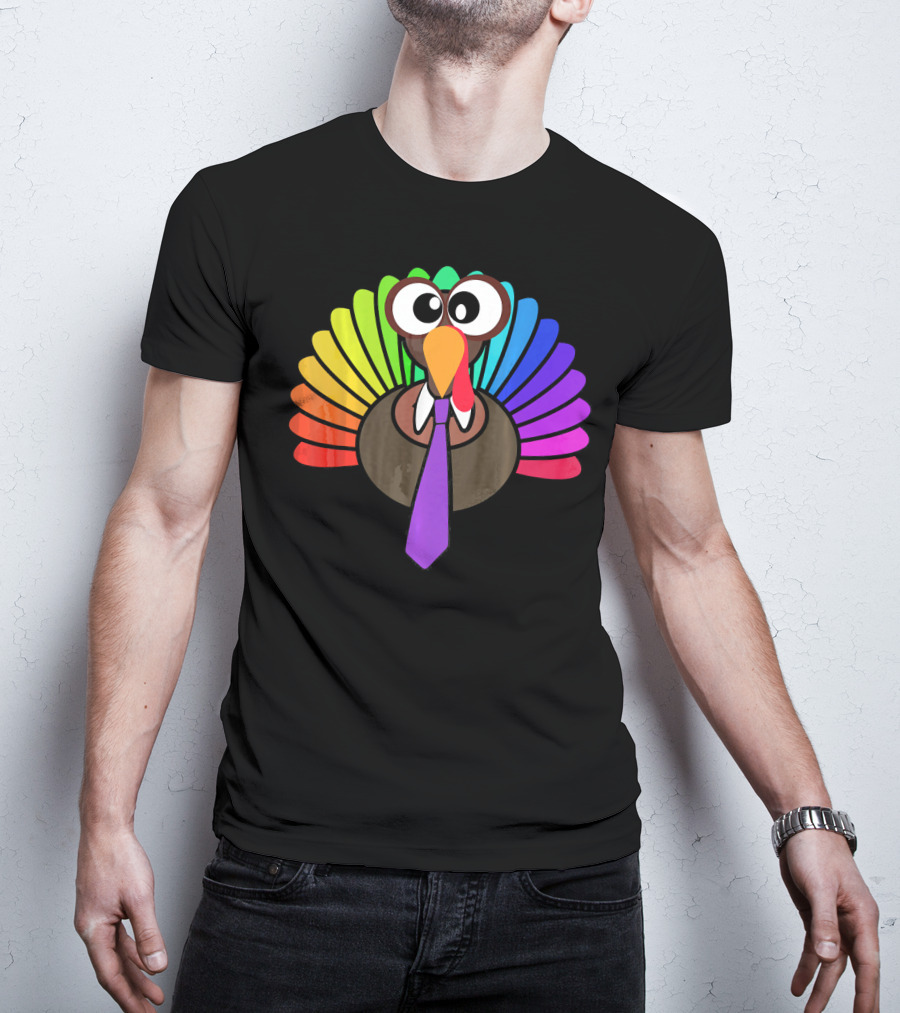 Turkey Face Tie Thanksgiving Colorful Feathers T-Shirt