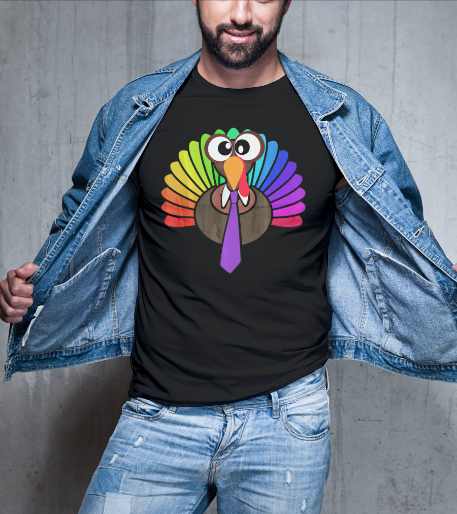 Turkey Face Tie Thanksgiving Colorful Feathers T-Shirt
