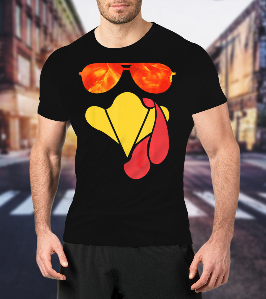 Turkey Face Thanksgiving Sunglasses Fire Flame T-Shirt