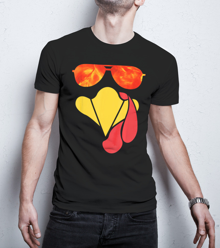 Turkey Face Thanksgiving Sunglasses Fire Flame T-Shirt