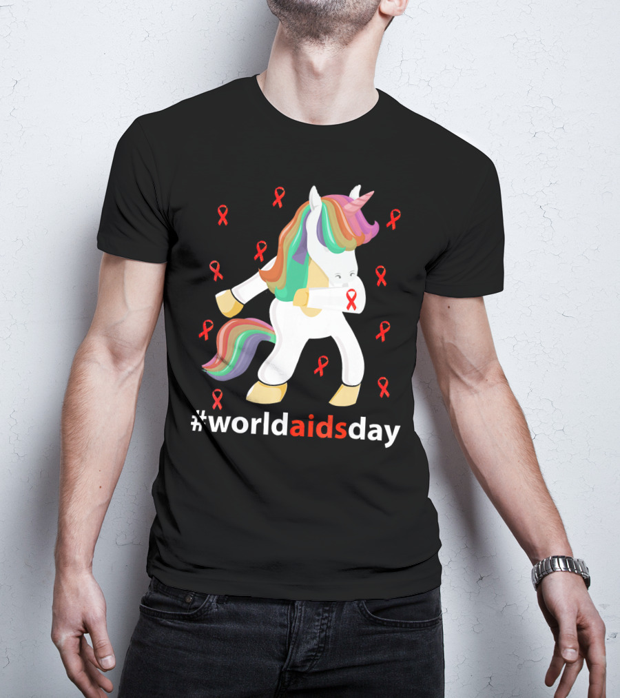 WorldAIDSDay Unicorn With Red Ribbons December 1st T-Shirt