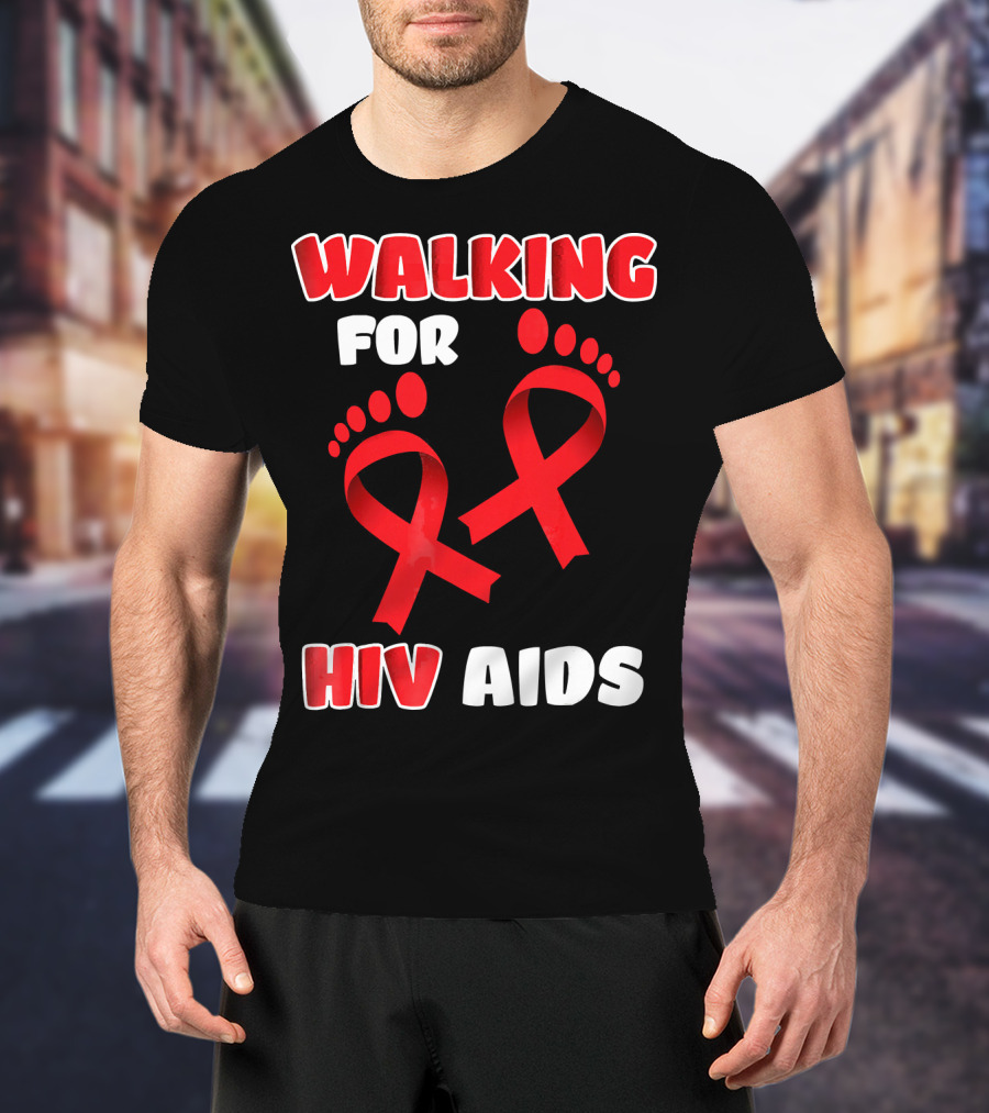 Walking For Hiv Aids Awareness With Red Ribbon Footprint T-Shirt