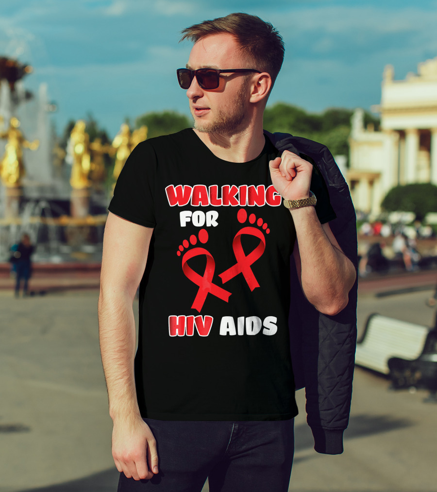 Walking For Hiv Aids Awareness With Red Ribbon Footprint T-Shirt