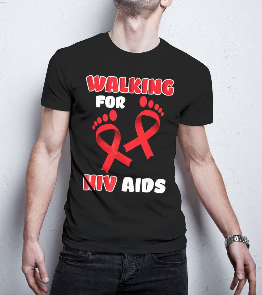 Walking For Hiv Aids Awareness With Red Ribbon Footprint T-Shirt