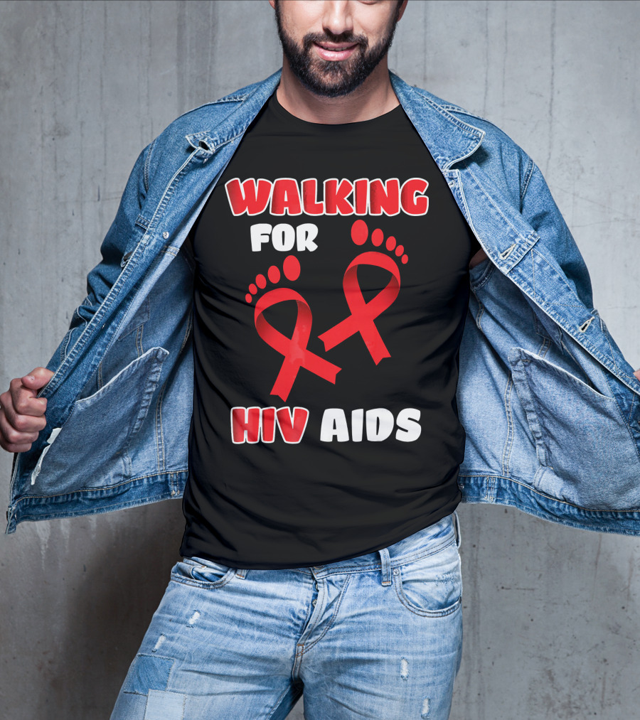 Walking For Hiv Aids Awareness With Red Ribbon Footprint T-Shirt