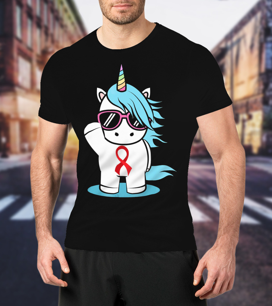 Unicorn With Sunglasses Red Ribbon Aids Awareness HIV Stigma Support T-Shirt