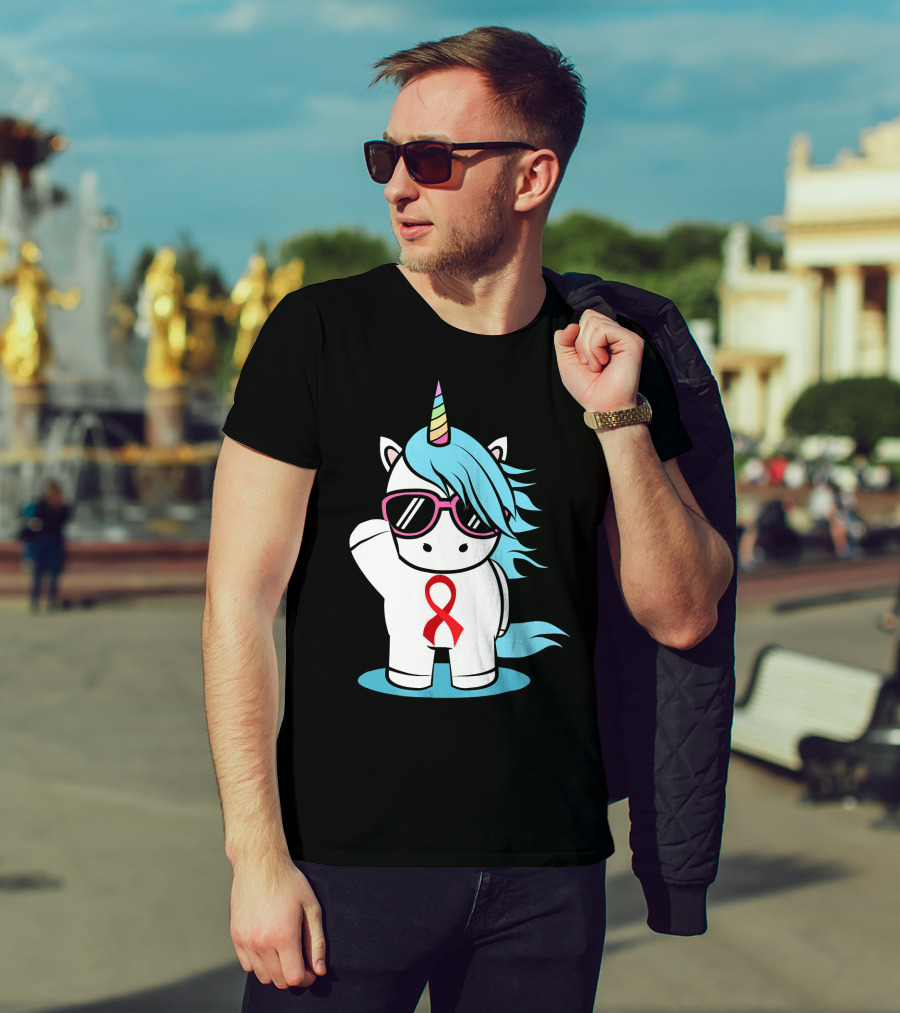 Unicorn With Sunglasses Red Ribbon Aids Awareness HIV Stigma Support T-Shirt