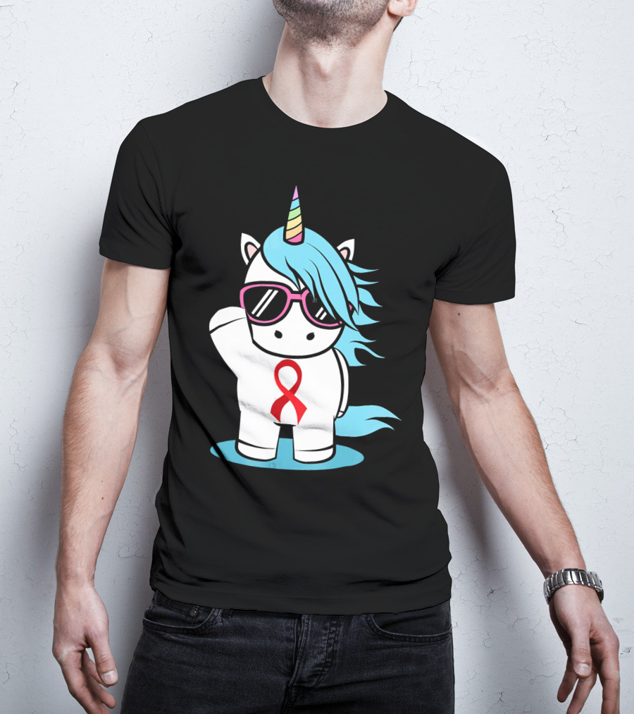 Unicorn With Sunglasses Red Ribbon Aids Awareness HIV Stigma Support T-Shirt