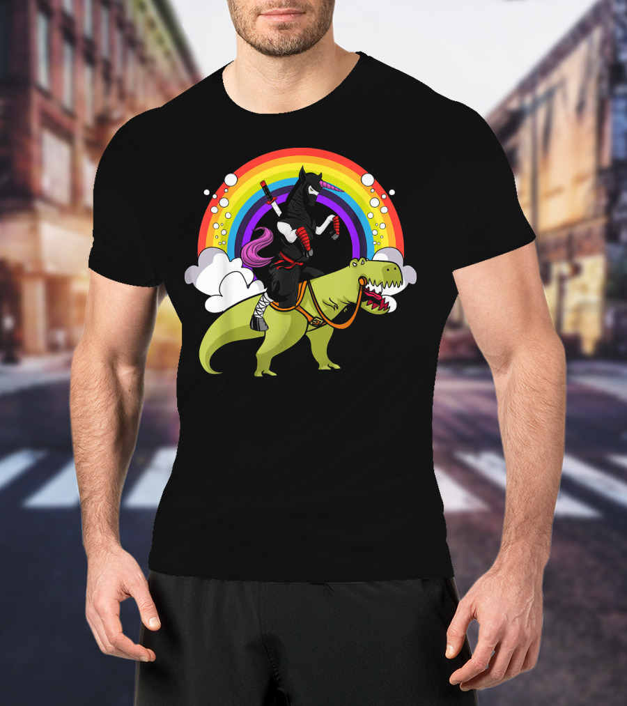 Ninja Unicorn Samurai Riding Rex Dinos Under Rainbow T-Shirt