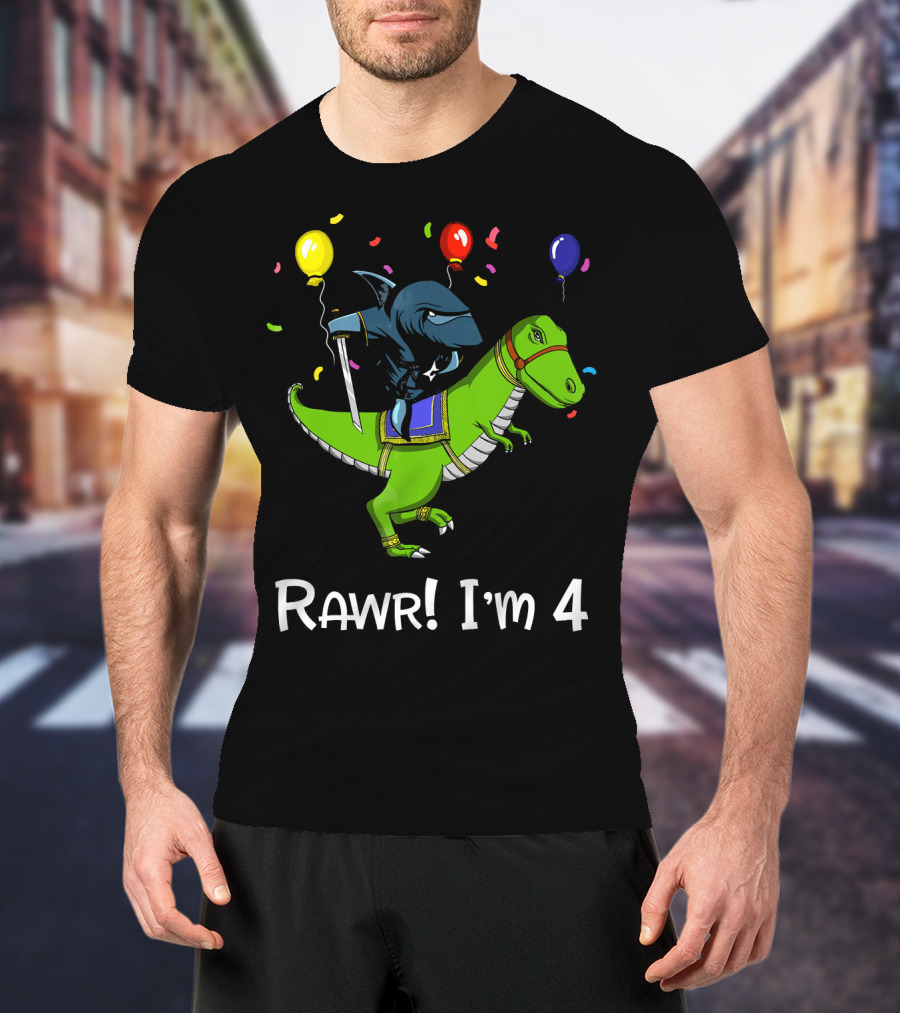 Shark Ninja Riding Dinosaur Rawr I'm 4 Birthday Celebration Balloons T-Shirt