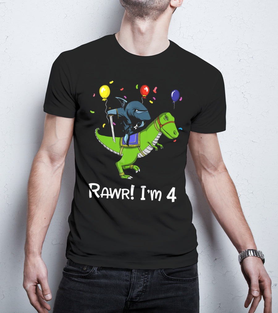 Shark Ninja Riding Dinosaur Rawr I'm 4 Birthday Celebration Balloons T-Shirt