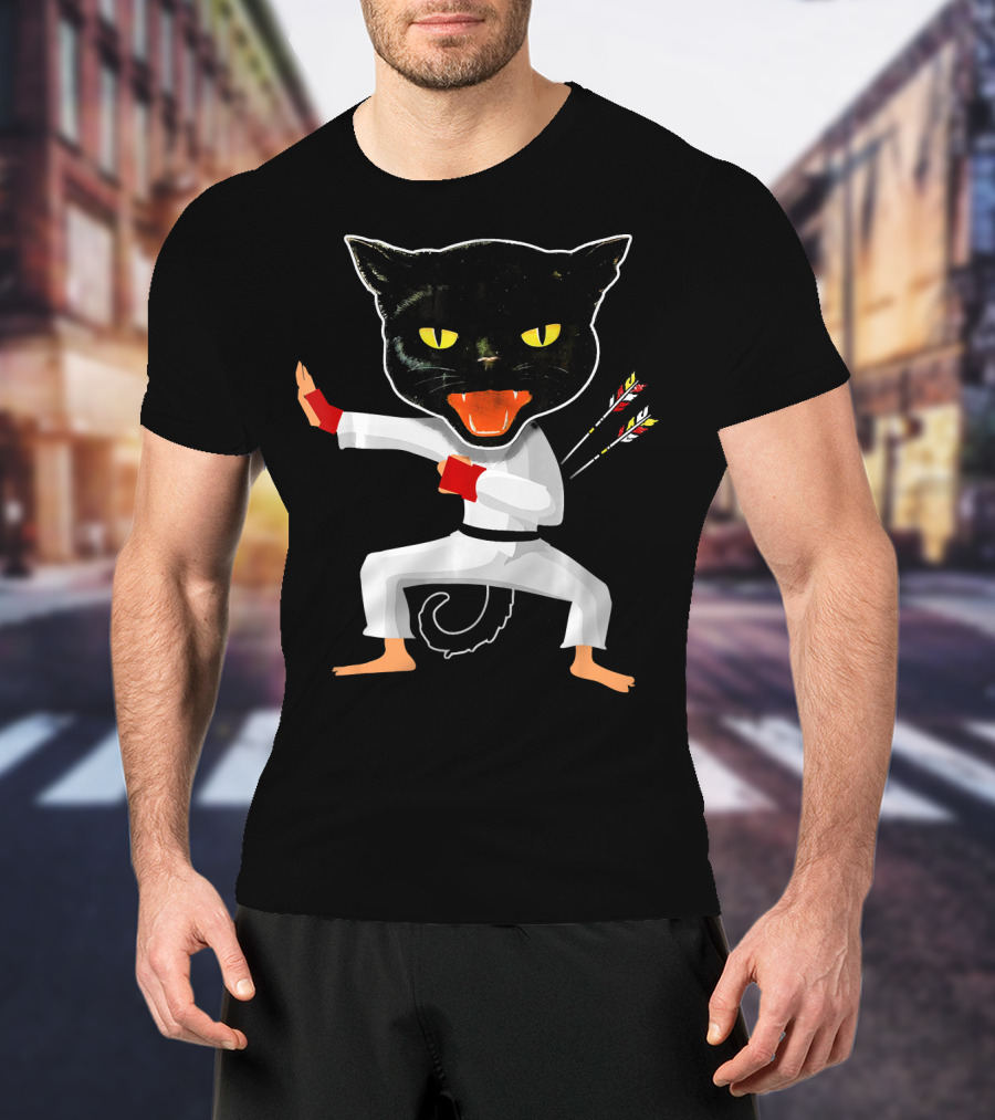 Ninja Cat Karate Master With Yellow Eyes And Arrow Struck Cloak T-Shirt