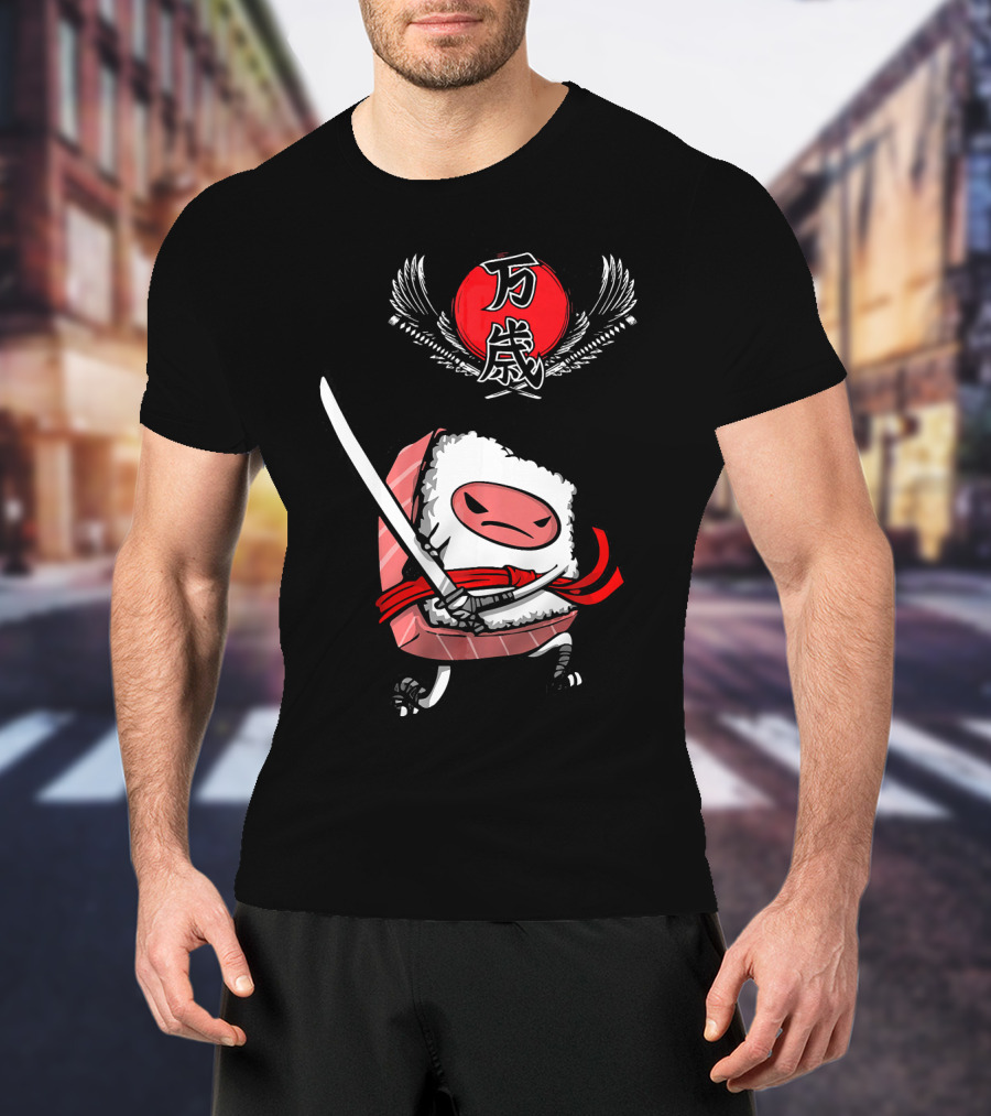 Japanese Ninja Sushi Samurai With Sword And Red Sun Kanji T-Shirt