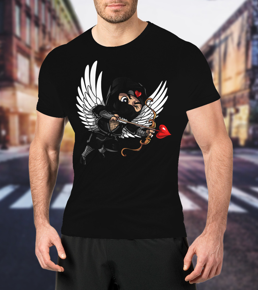 Ninja Cupid Valentine With Bow And Heart Arrow Angel Wings T-Shirt