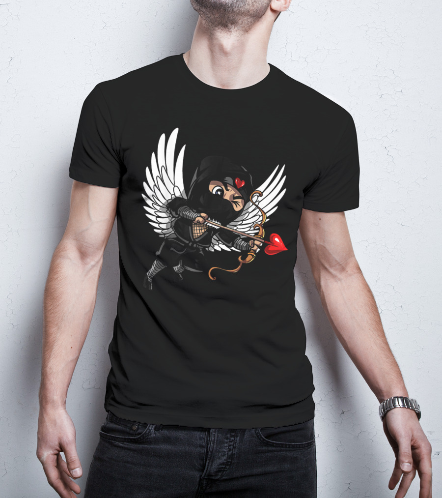 Ninja Cupid Valentine With Bow And Heart Arrow Angel Wings T-Shirt