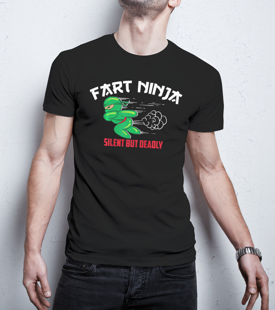 Fart Ninja Silent But Deadly Green Stealthy Figure With Cartoon Gas Cloud T-Shirt