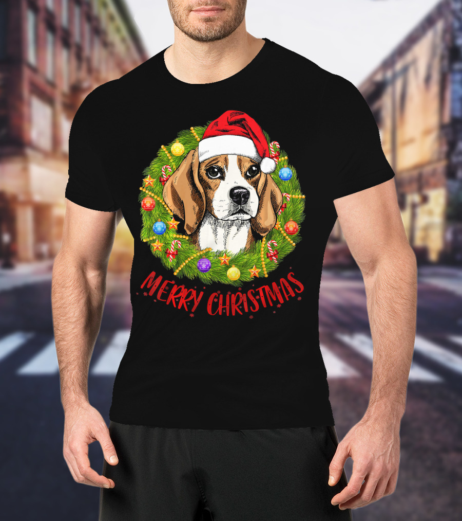 Merry Christmas Beagle Dogs In Santa Hat With Holiday Wreath T-Shirt