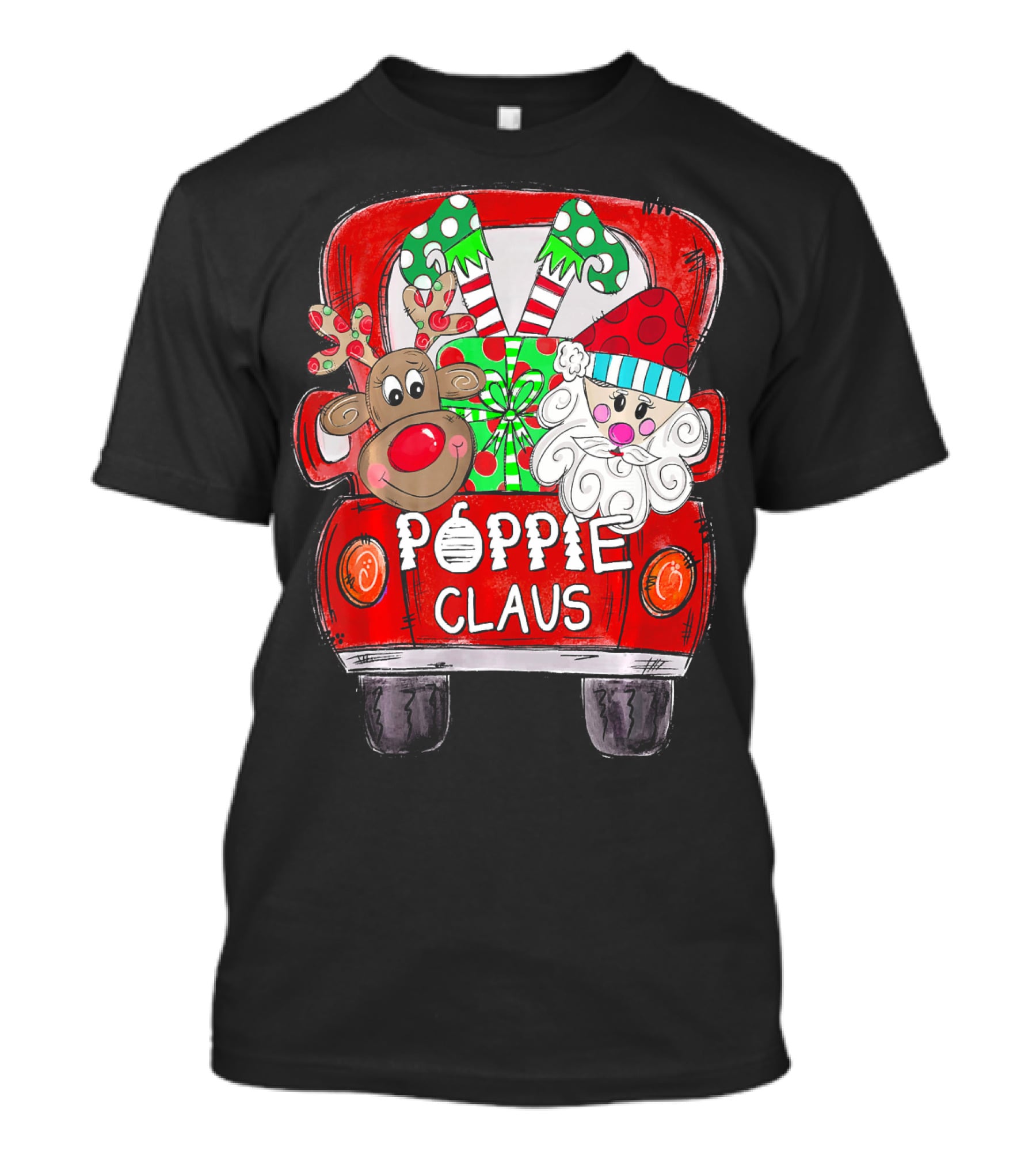 Poppie Claus Christmas Back Truck With Reindeer And Santa With Gifts T-Shirt