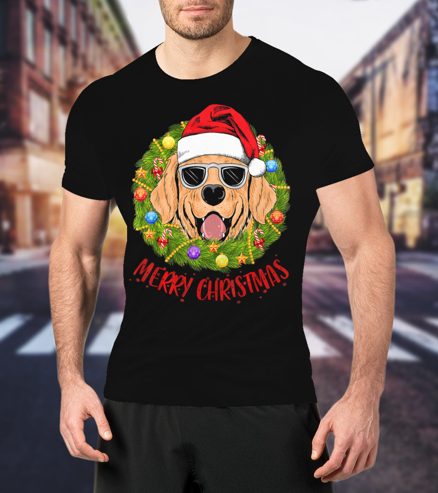 Merry Christmas Golden Retriever Dog Santa Hat Sunglasses Wreath T-Shirt