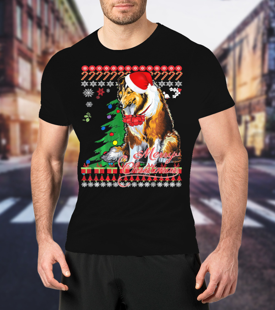 Merry Christmas Rough Collie Santa Hat Snowflakes Gifts Holiday T-Shirt