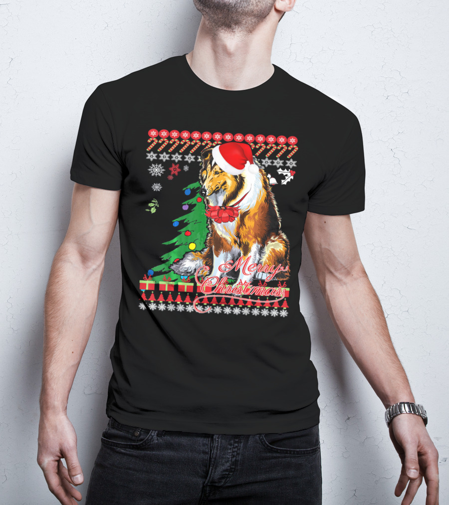 Merry Christmas Rough Collie Santa Hat Snowflakes Gifts Holiday T-Shirt