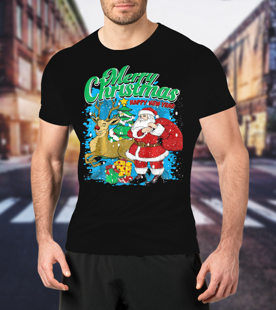 Merry Christmas Happy New Year Santa Claus Reindeer Presents T-Shirt
