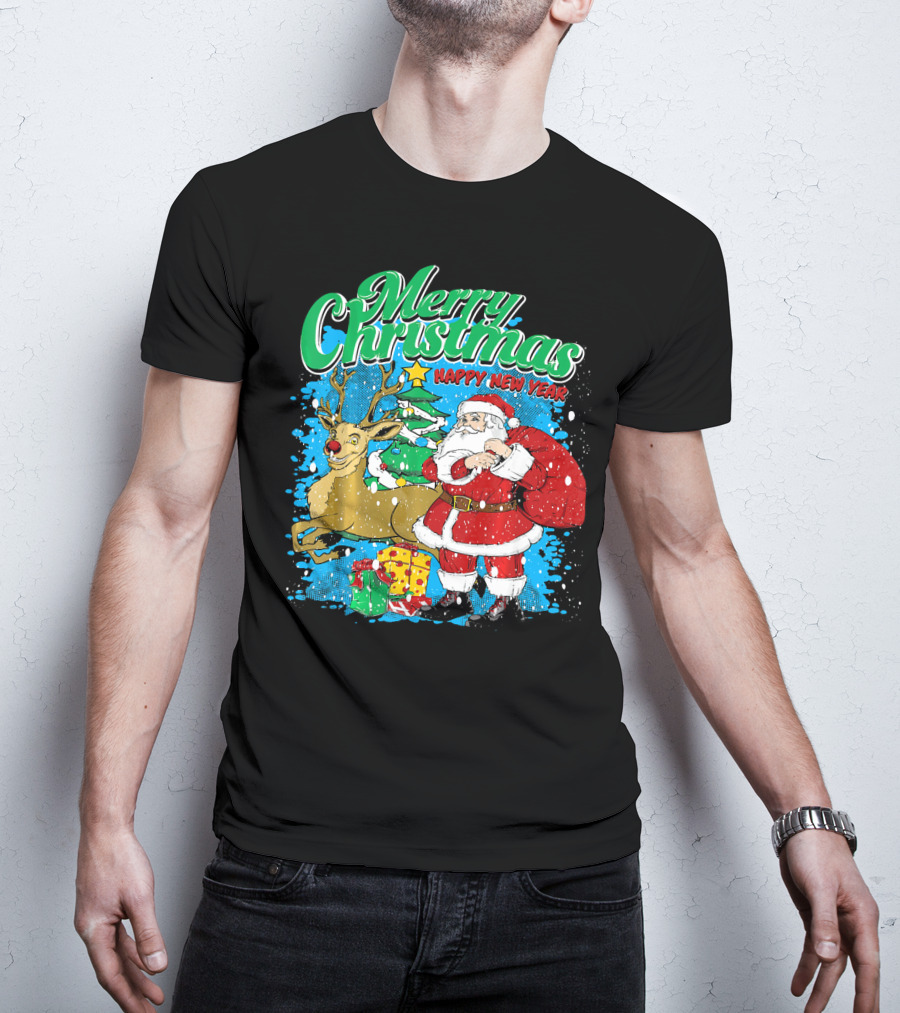 Merry Christmas Happy New Year Santa Claus Reindeer Presents T-Shirt