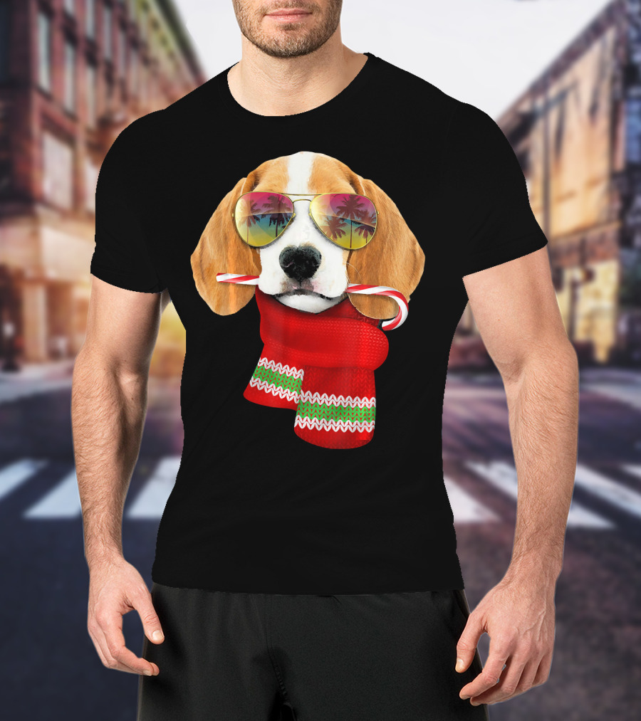 Christmas In July Beagle Sunglasses Candy Cane Scarf T-Shirt