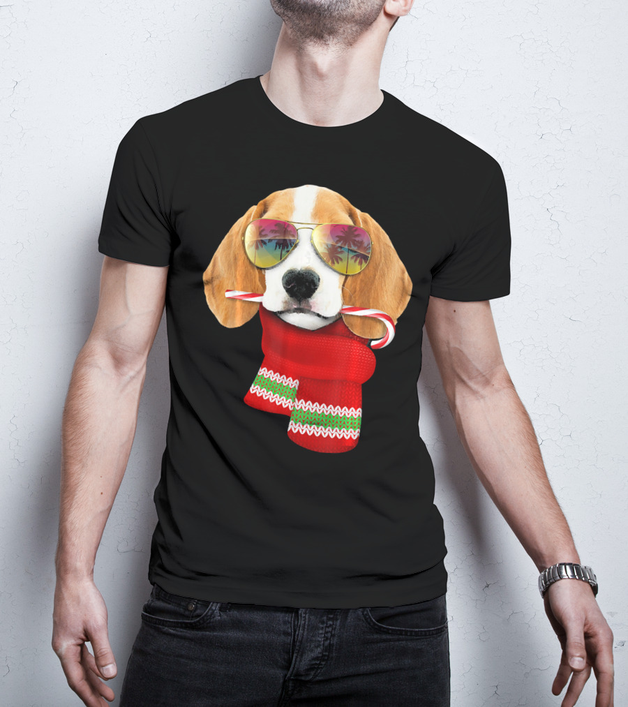 Christmas In July Beagle Sunglasses Candy Cane Scarf T-Shirt