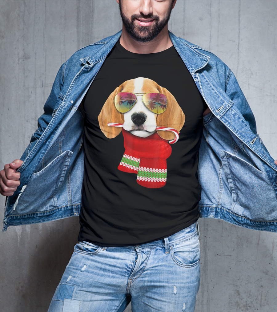 Christmas In July Beagle Sunglasses Candy Cane Scarf T-Shirt