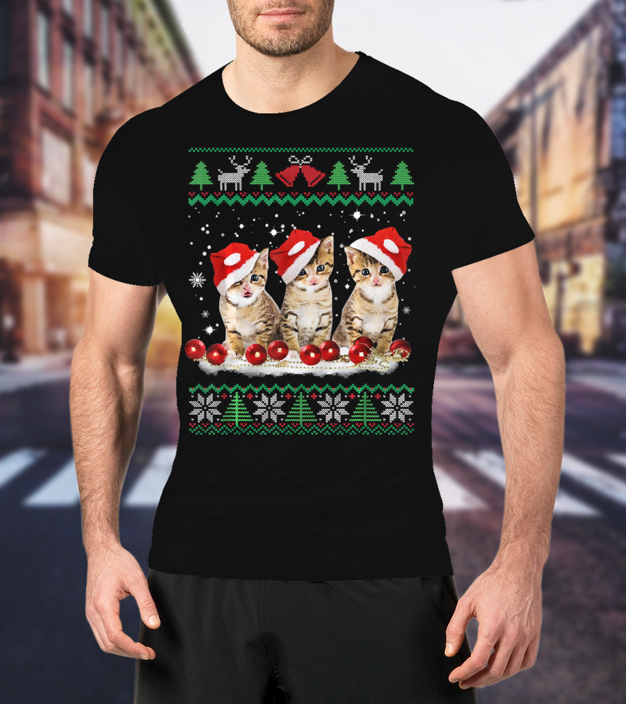 Ugly Christmas Cat Santa Hat Reindeer Bells Snowflakes Lights T-Shirt