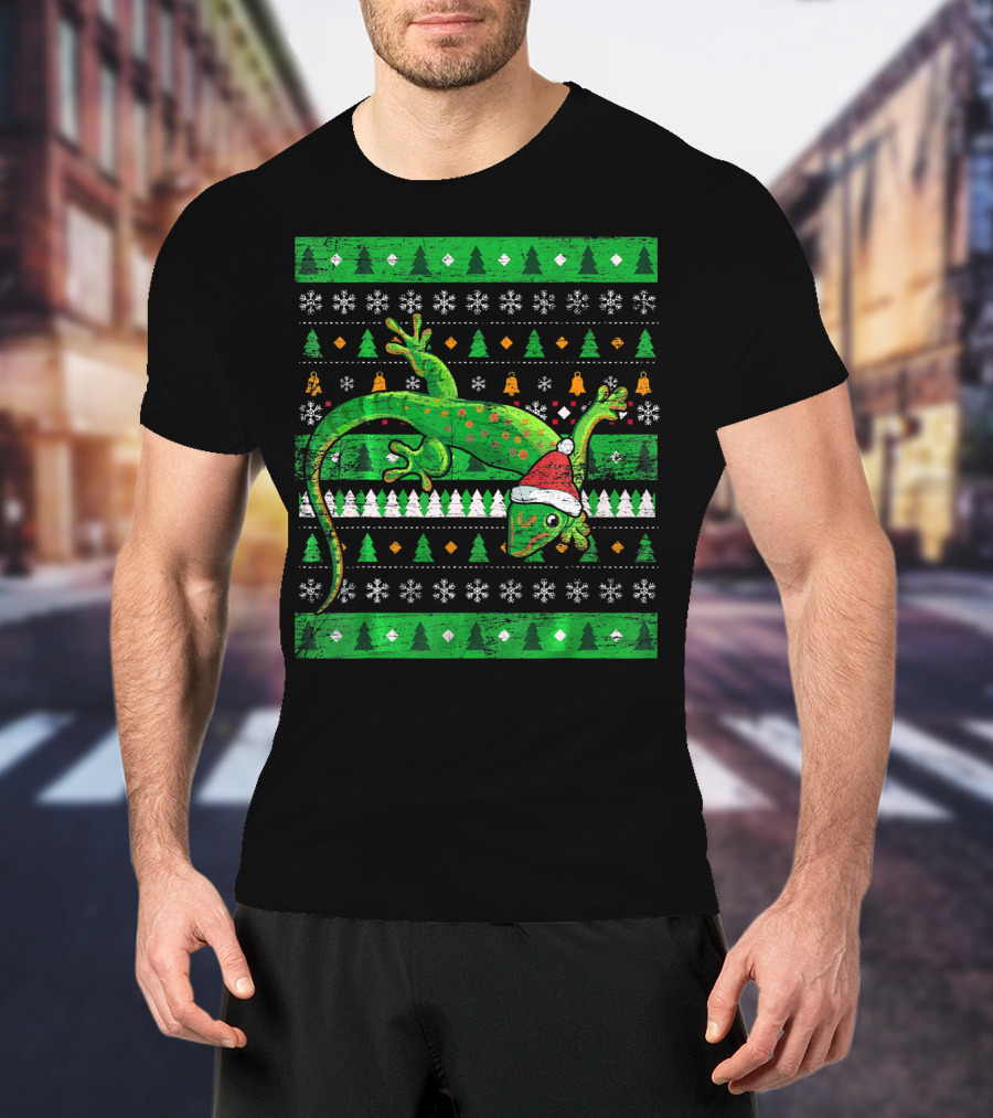 Ugly Christmas Lizard With Santa Hat And Holiday T-Shirt