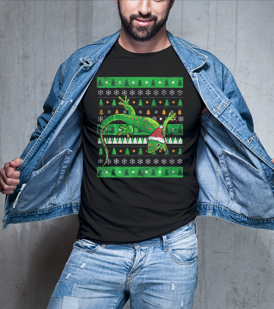 Ugly Christmas Lizard With Santa Hat And Holiday T-Shirt