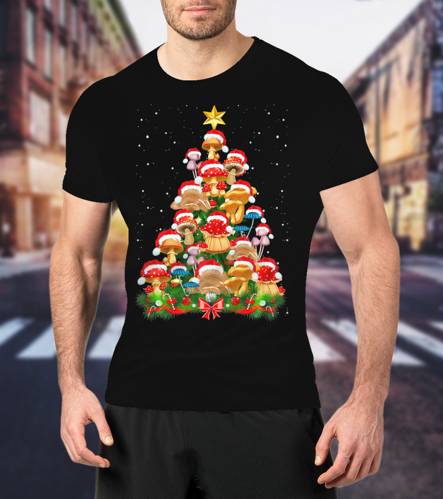 Mushroom Christmas Tree With Santa Hats And Snowflakes For Garden Lovers T-Shirt