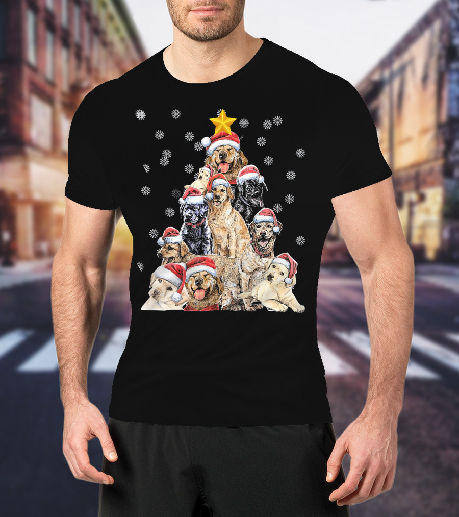 Labrador Puppies With Santa Hats Forming A Christmas Tree With Star And Snowflakes T-Shirt
