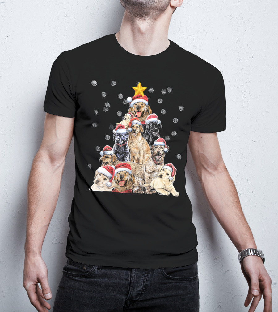 Labrador Puppies With Santa Hats Forming A Christmas Tree With Star And Snowflakes T-Shirt