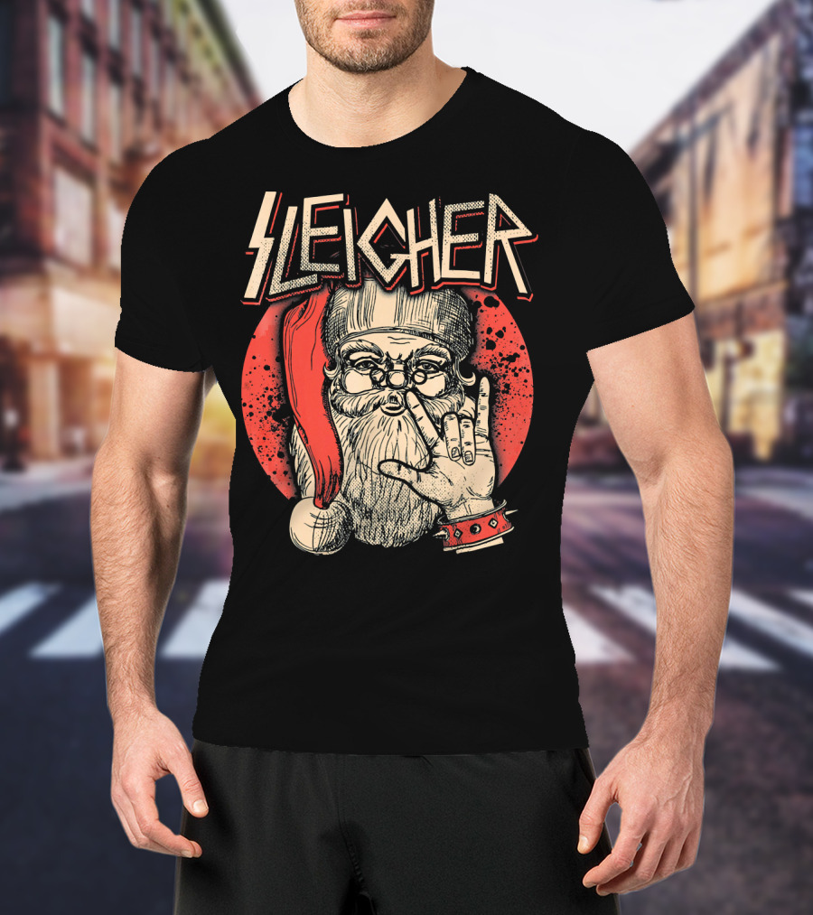 SLEIGHER Heavy Metal Music Santa Circle Red Santa Hat Hand Gesture T-Shirt