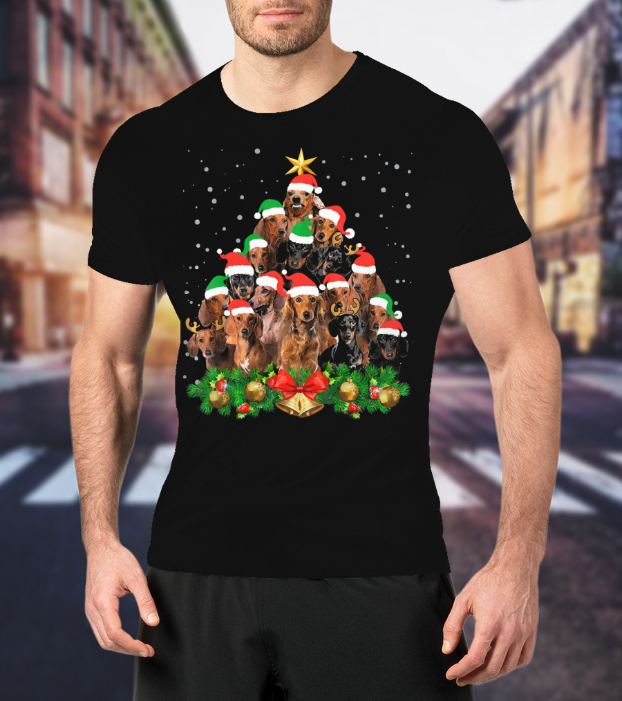 Funny Dachshund Christmas Tree With Santa Hats And Holiday Decorations T-Shirt