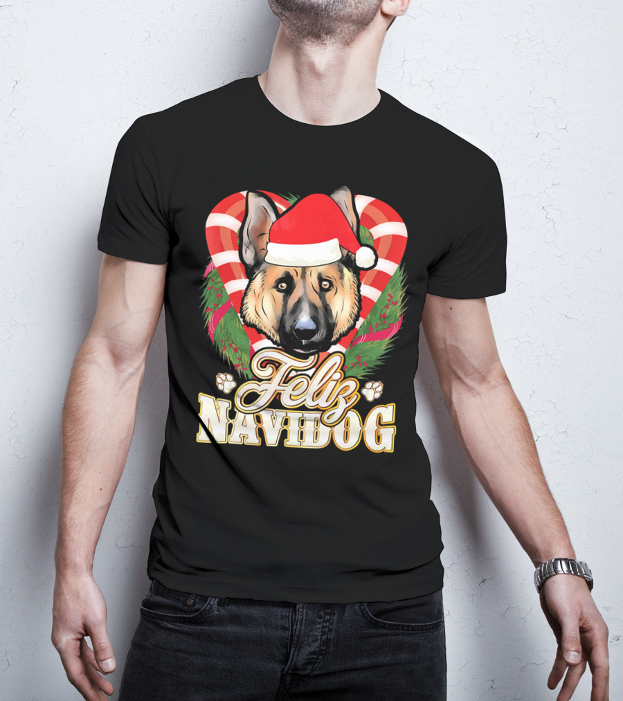Feliz Navidog German Shepherd Santa Hat Christmas Wreath T-Shirt