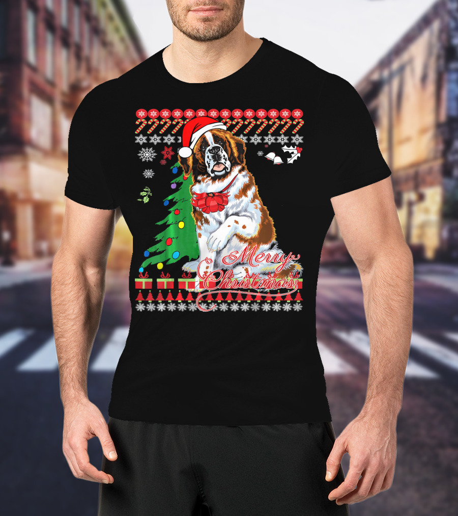 Merry Christmas Saint Bernard Dog Ugly Christmas T-Shirt