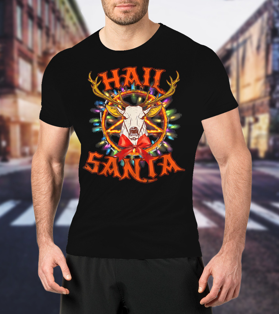 Hail Santa Christmas Reindeer With Pentagram And Lights T-Shirt