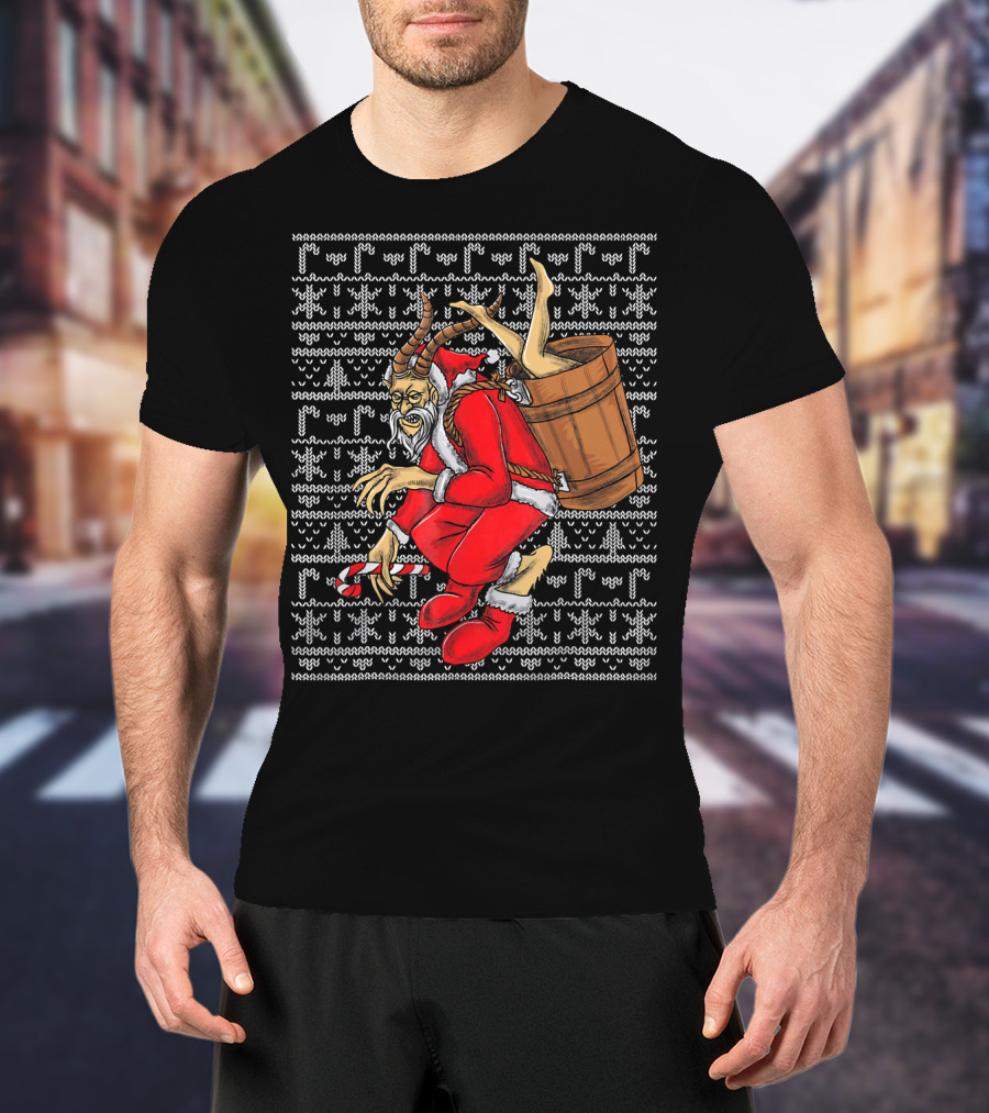 Krampus Ugly Christmas Sweater-Style Santa With Barrel And Candy Cane T-Shirt