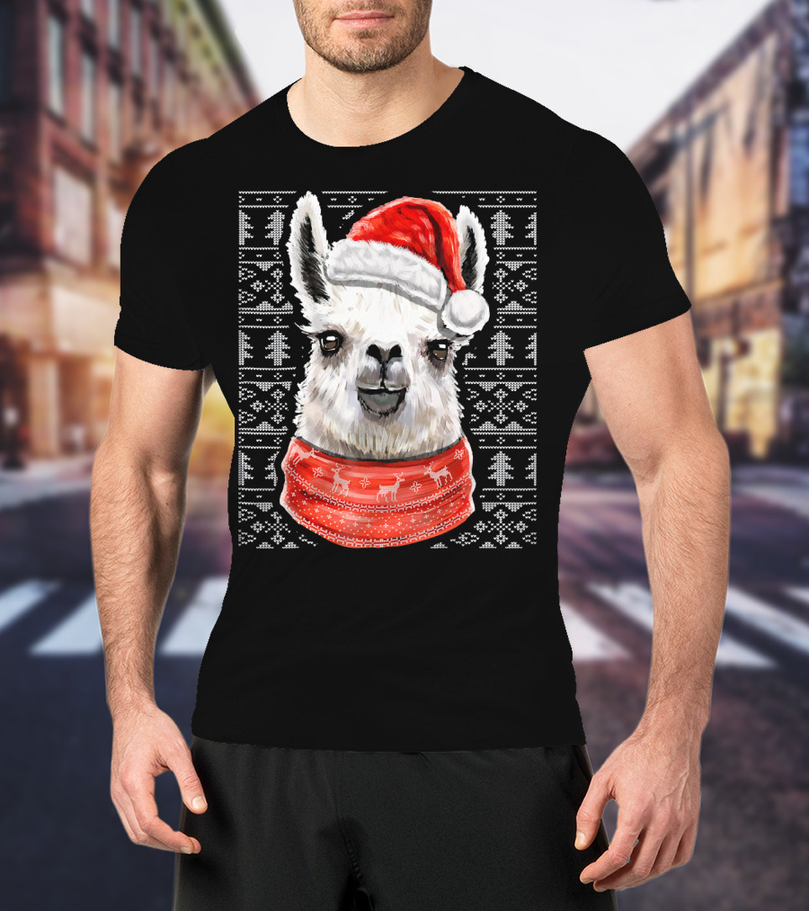 Ugly Christmas Llama Sweater With Santa Hat Festive T-Shirt