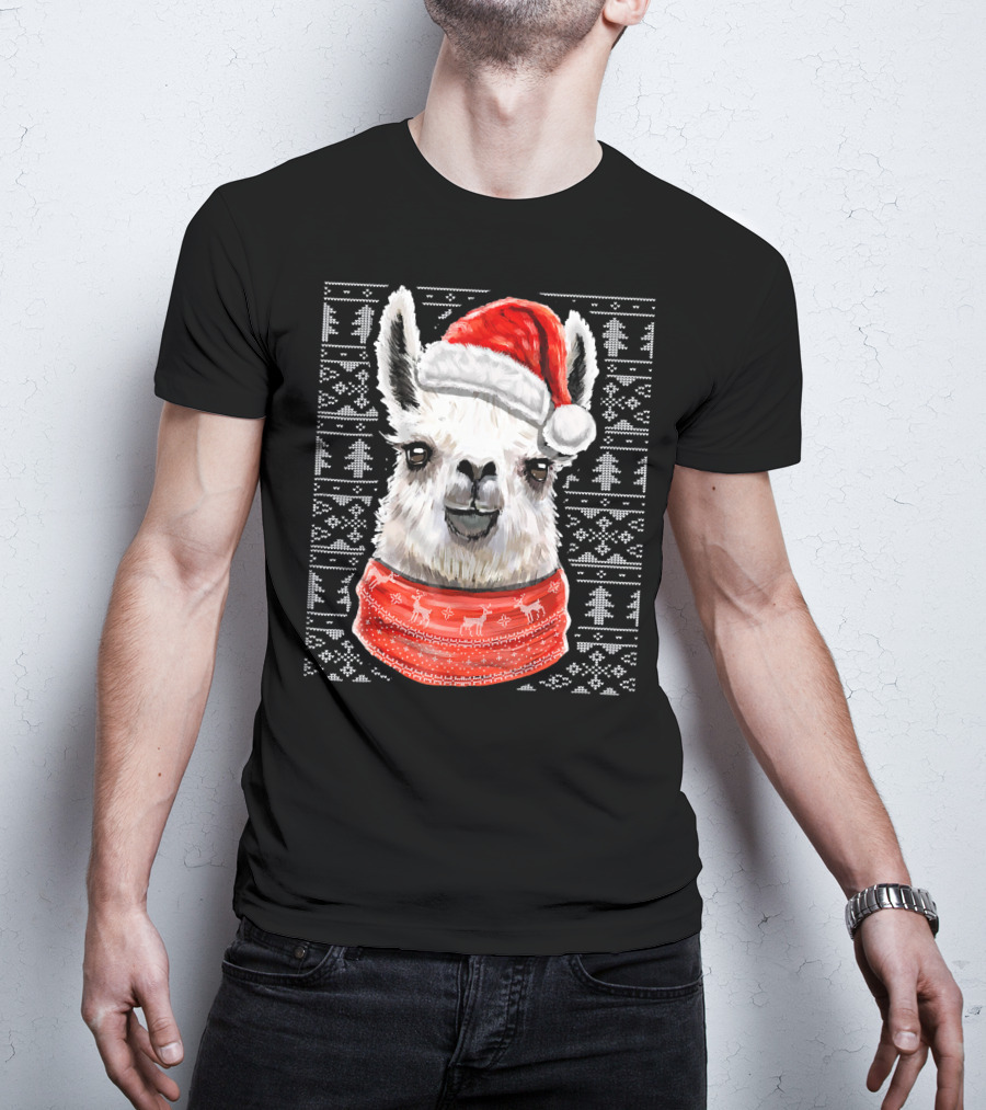 Ugly Christmas Llama Sweater With Santa Hat Festive T-Shirt
