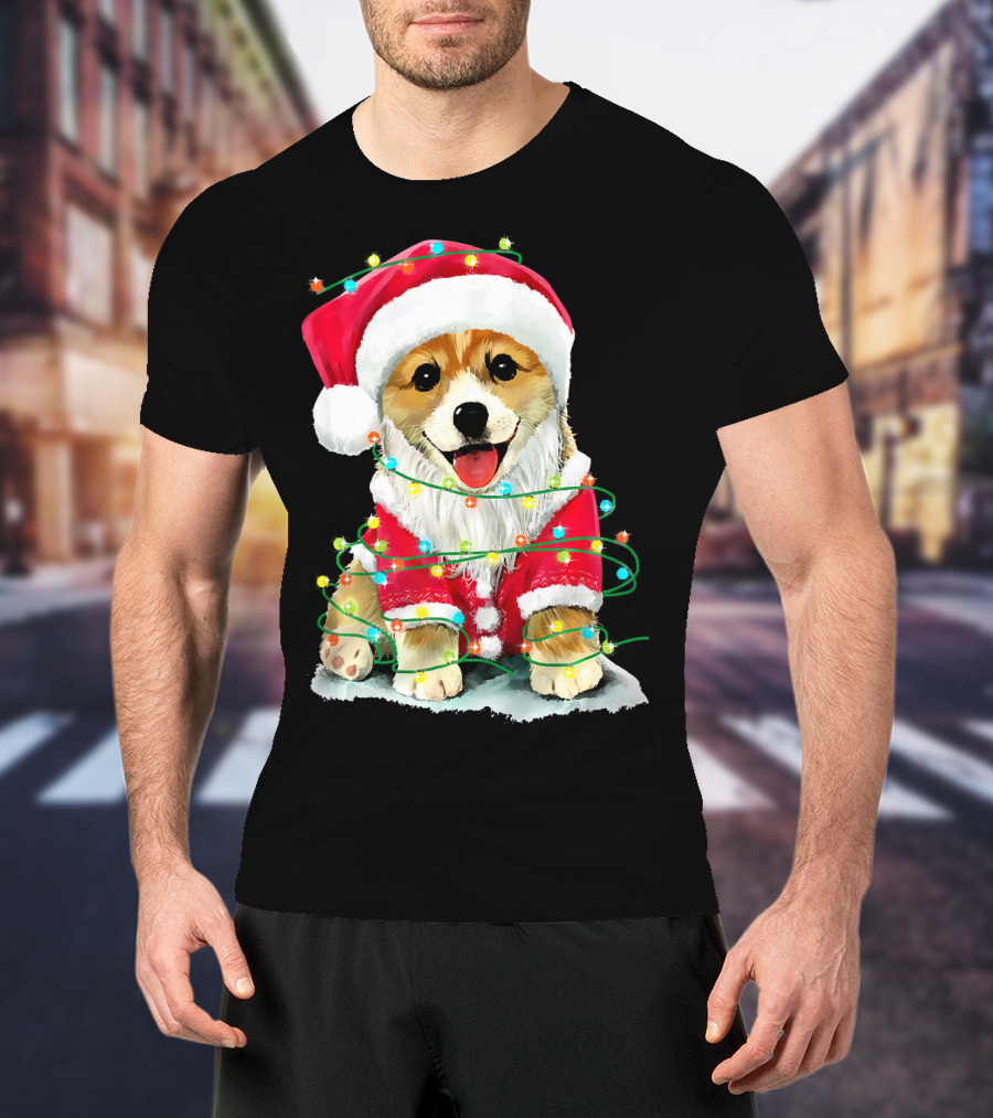 Festive Christmas Corgi Santa With Holiday Lights Corgmas San T-Shirt