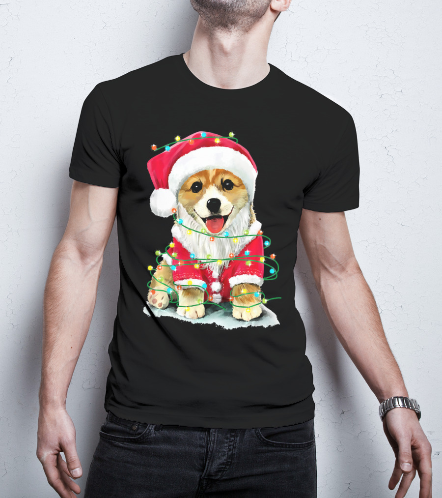 Festive Christmas Corgi Santa With Holiday Lights Corgmas San T-Shirt