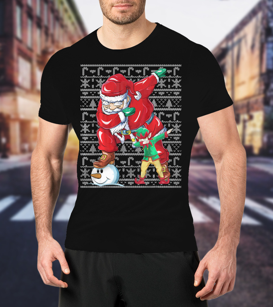 Christmas Dabbing Santa Elf With Snowman Head T-Shirt