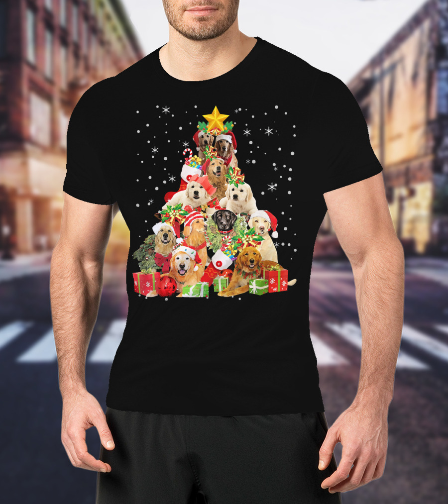 Golden Retriever Christmas Tree With Santa Hats And Presents T-Shirt